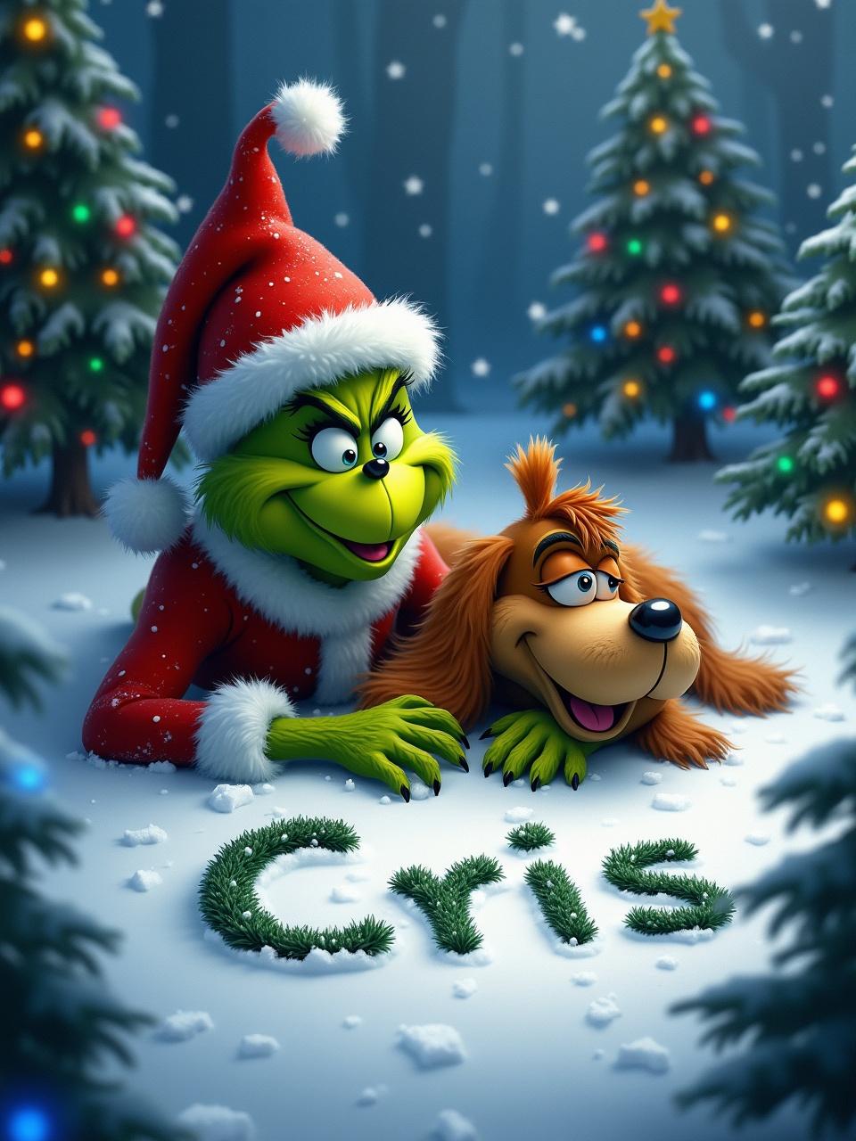 A playful Grinch character and a dog in a snowy Christmas scene. Colorful lights on trees are surrounding them. The Grinch writes Cris in the snow.