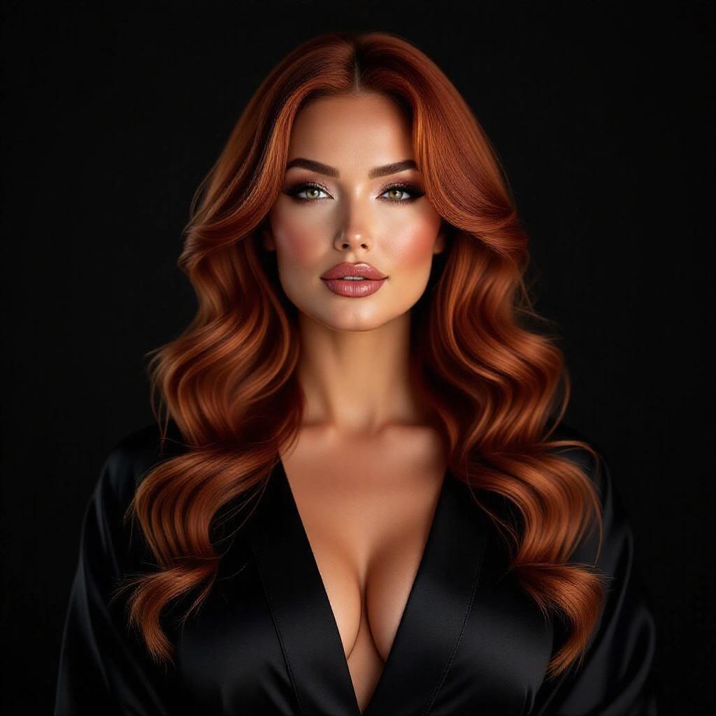 Realistic portrait of a confident thick woman with long wavy strawberry-blonde hair. Mature sensual face with sharp cheekbones and full lips. Flawless skin with a natural glow. Elegant hourglass figure in a deep V-cut black kimono against a dark background with ethereal light. Ultra-detailed face and lifelike textures.