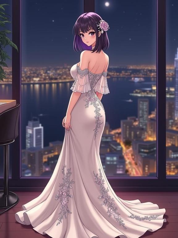Anime woman with shoulder-length dark violet hair stands in luxurious sky lounge at night. She wears an off-white, off-the-shoulder gown with sheer sleeves and floral patterns. The gown has a sweetheart neckline and ruffled hemline. She has a gentle smile, looking at the viewer. Cityscape is visible through the grand window. The atmosphere is elegant and romantic. The image captures her beauty and the lounge's refinement, creating a warm glow with blurred background.