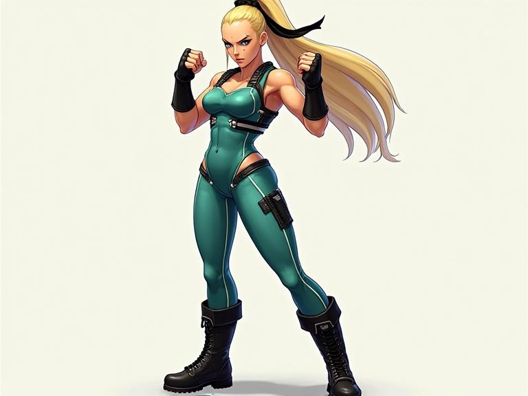 A character illustration of Cammy White from Capcom's fighting game. Young and energetic, with a slender and toned physique. Warm peachy skin tone. Long, flowing platinum-blonde hair in a high ponytail. Icy blue eyes with sharp features. Wearing a teal-green military jumpsuit. Black knee-high combat boots. Dynamic fighting pose with a clenched fist and defensive stance.