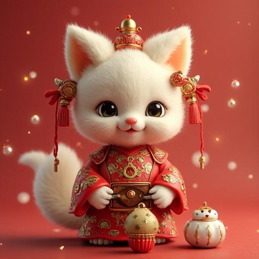Cute cat character dressed in traditional Chinese attire. The character has a friendly expression and is holding decorative objects. The background is a simple gradient with soft colors.