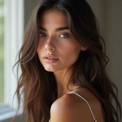Image of a young brunette woman with long hair. Subject has a natural appearance and a soft expression. Warm lighting illuminates the scene. The photo showcases her shoulder and part of her upper body. Background has soft focus with greenery.