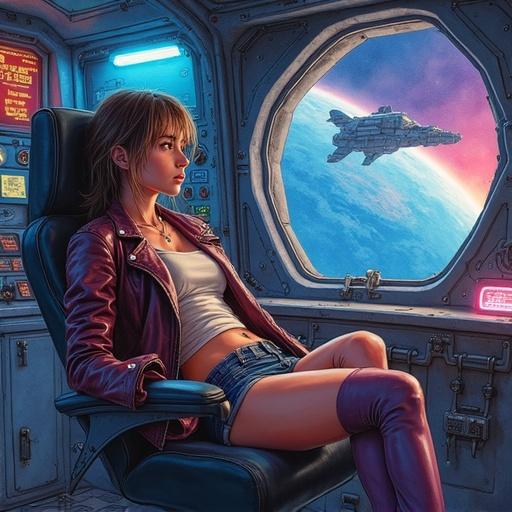 Watercolor painting of a young space pilot seated in cockpit chair. She has a leather jacket and shorts with leggings. Hair is messy. Looking out a starship window. Space station and planet visible outside. Neon lights reflect off controls. Retro-futuristic style.