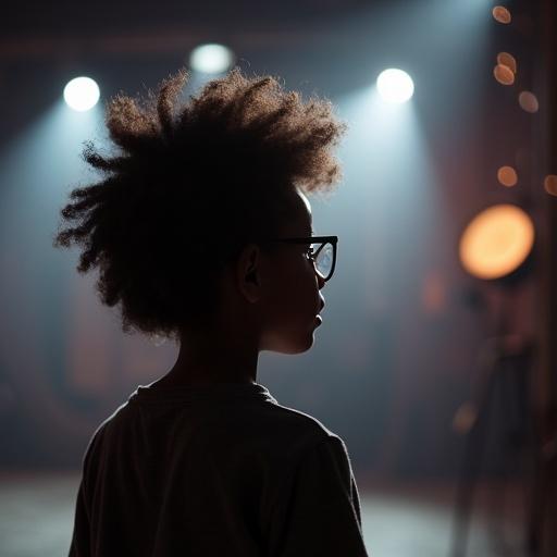 Young boy stands silently in a film studio. Curly hair visible from behind. Dim lights illuminate the room. The atmosphere feels artistic and creative. The child is immersed in observation.