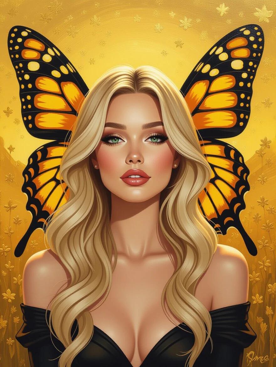 Artwork depicts a blonde woman with golden butterfly wings set against a golden background. The style resembles oil painting with rich colors and textures. The butterfly wings are vibrant and detailed.