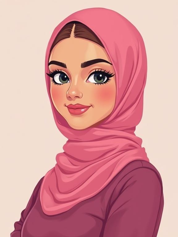Illustration of a confident young woman with a pink hijab in a vector style. She has a chubby face and is looking directly at the viewer.