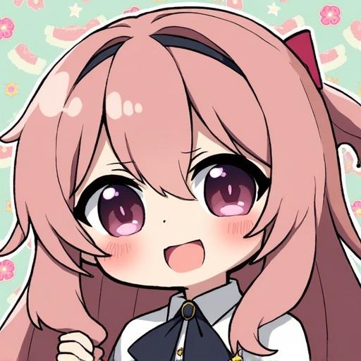 Illustration of a cute anime character with long pink hair. The character has large expressive eyes and is smiling, conveying a cheerful emotion. The background features soft pastel colors with a floral design.
