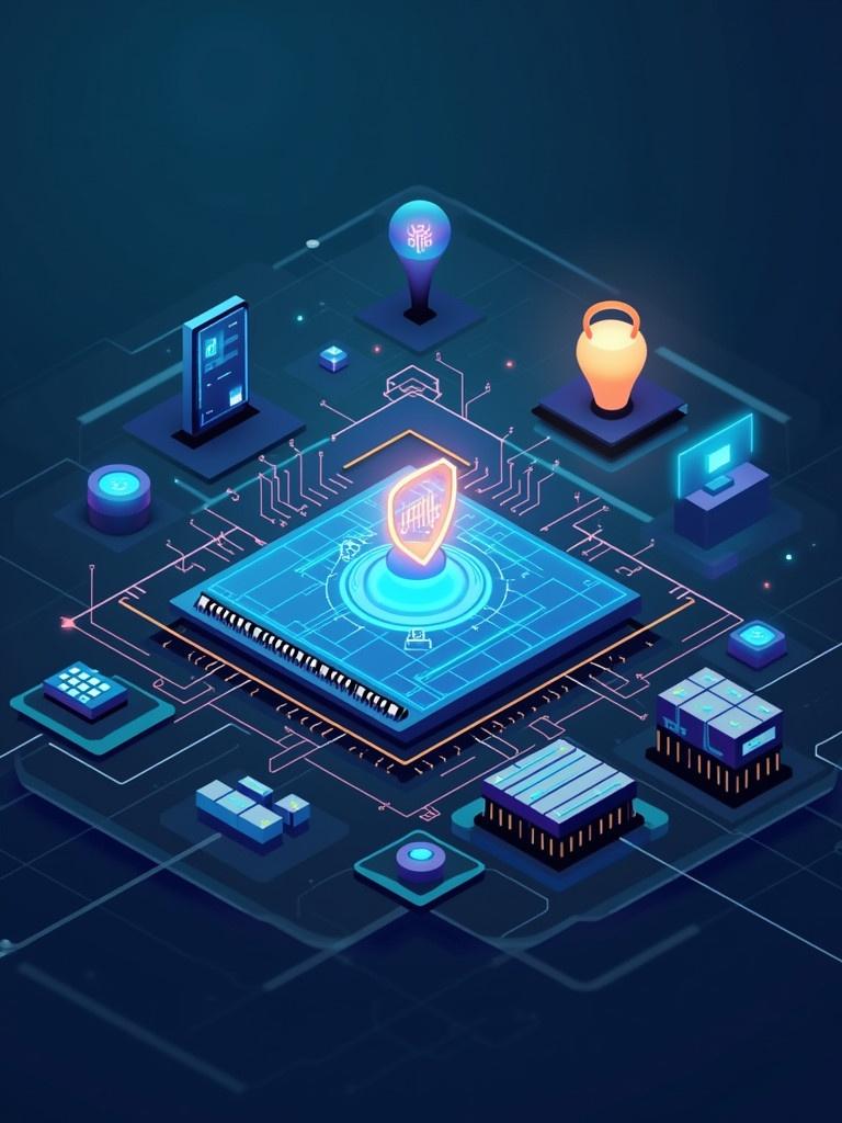 Illustration of an IoT landscape. Foreground features a glowing shield symbol representing security. Surrounding elements include devices, circuits, and data nodes connected to the main shield. The background is dark with neon accents. Focus on modern technology and electronics.