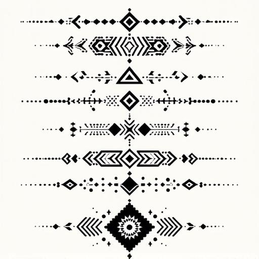 Five horizontal bands with abstract ornamental tattoo designs. Bands inspired by traditional symbolic geometry. Each band symmetrical. Designs made with dots in various sizes. Arranged into triangles, diamonds, and radiating forms. Central bold motifs with directional lines. Rhythmically spaced patterns suggest tribal significance.