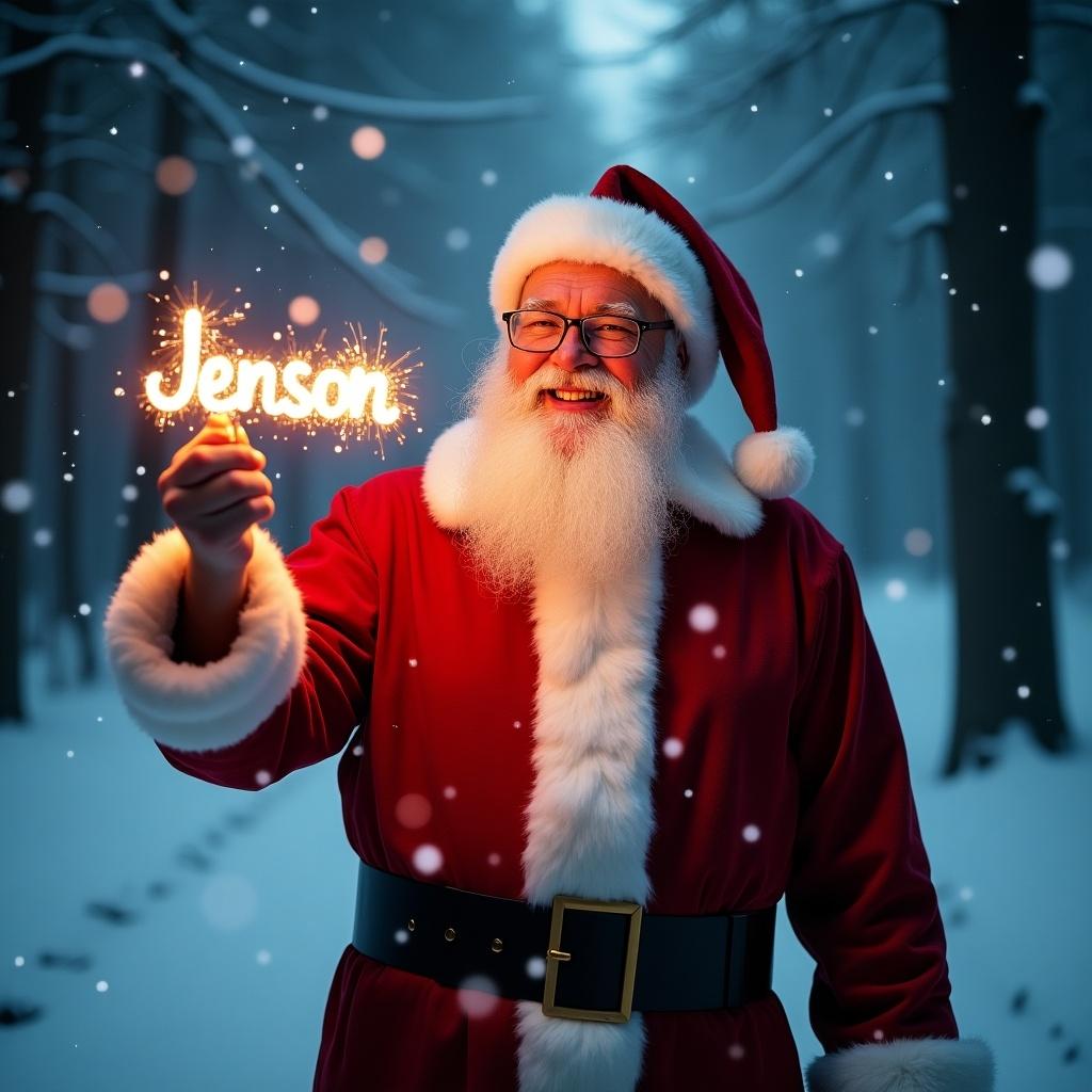 A magical Christmas scene featuring Santa Claus dressed in his traditional red suit with fluffy white trim. He stands in a snowy forest, surrounded by softly falling snowflakes. In his hand, he holds a glow stick that spells out the word 'Jenson' in sparkling light. The atmosphere radiates holiday cheer and joy. Soft enchantment envelopes the scene, embodying the spirit of Christmas, love, and belief.