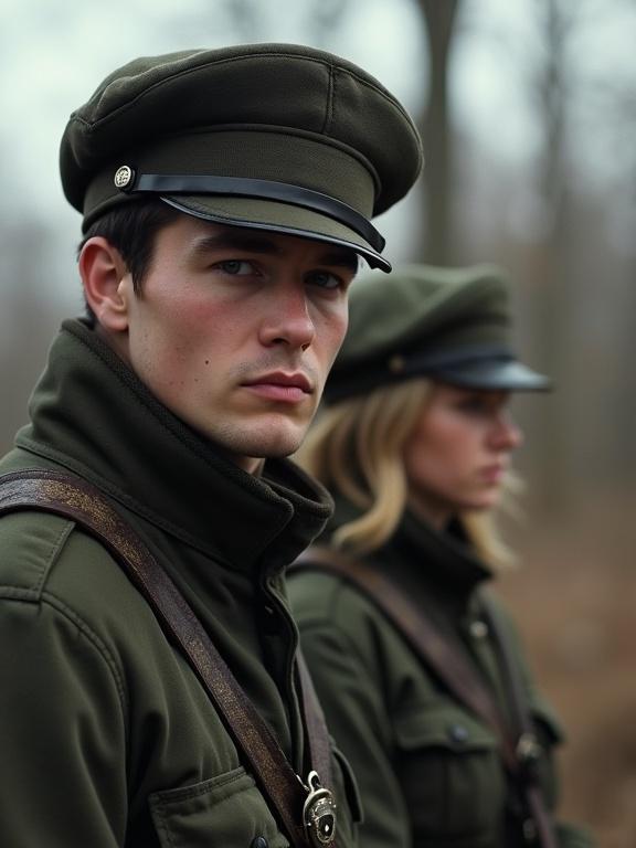 Photorealistic image featuring young Cold War male soldier with dark hair and young female soldier with blonde hair. Setting in Moscow. Bright natural daylight. Deep depth of field showing focus on both subjects.