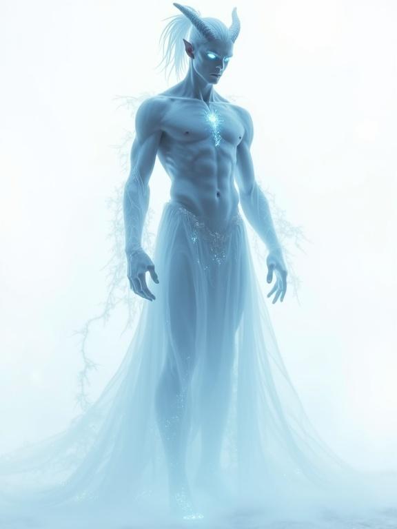 Full-body view of a male tiefling ghost. Spectral and translucent body appears glossy and crystal-like. Soft blue light glows from within. Hair is glowing and tied in a high ponytail. Legs integrate into mist. Wears flowing cloth resembling cracked ice, dissolving into fog. Ethereal form merges with background. Soft edges and volumetric fog are present alongside floating particles. Cinematic lighting creates low contrast shadows, emphasizing an icy style. Solid appearance but see-through, like vapor. A ghostly figure stands in front of a white background.