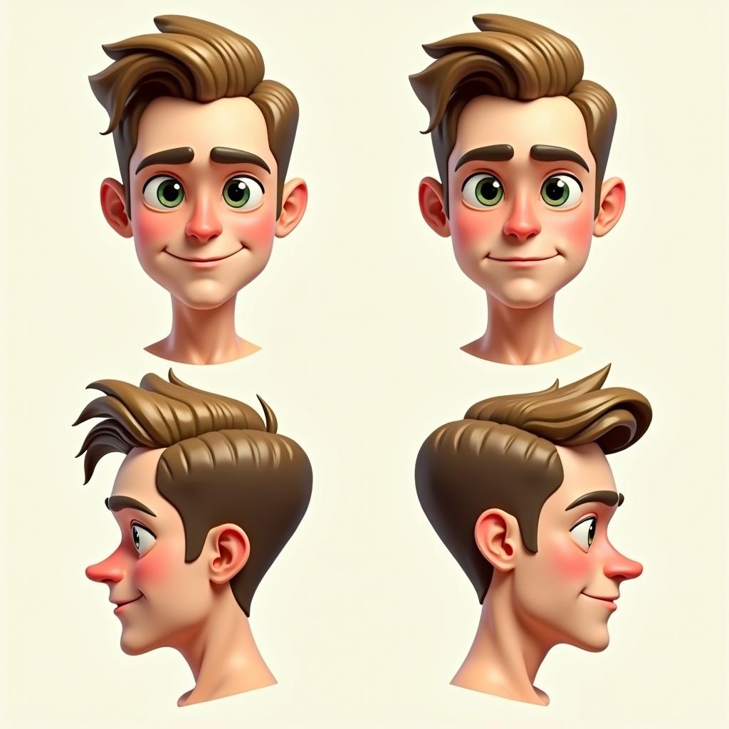 Showcase four angles of a cartoonish male character. Character features an oval, light face with dark green eyes and dark blonde hair. Hair has a side parting. Expressions include smiling and serious. Background is a plain light color. Grid layout clearly presents four angles with serious atmosphere.