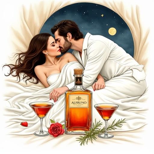 Modern scientific illustration of a couple in a romantic setting. They lie on a moonlit silk blanket in a starry sky. A luxurious bottle labeled 'ALFRUNO' glows warmly. Two cocktail glasses are filled beside the bottle. Roses and rosemary add natural details. The style is minimalist with clear forms and rapid brushstrokes.