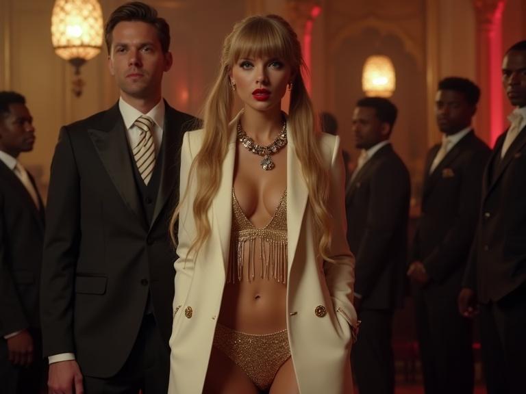 Nightclub scene featuring fashionable individuals. Stylish woman with long blonde hair and makeup wears a white overcoat over a gold fringe bikini top. She wears a black spade pendant and high heels. Her date stands beside her in a suit. Men in the background gaze at her. Full body shot with a cinematic feel.