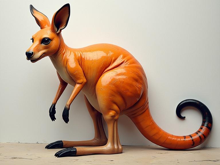 A 3D kangaroo sculpture painted in vibrant orange with cartoonish features. The artwork showcases texture play, combining multiple layers for depth. Emphasis on stylized appearance and vivid colors.