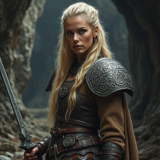 Woman warrior Viking with blonde hair styled in long braid over shoulder and strands framing face Fierce and determined expression Wears dark leather and metal armor detailed with chainmail and fur shoulder pads Holds large battle axe in one hand and decorated round shield in the other Background is dark rocky cavern with textured landscape and diffused lighting Highly detailed and realistic digital painting style