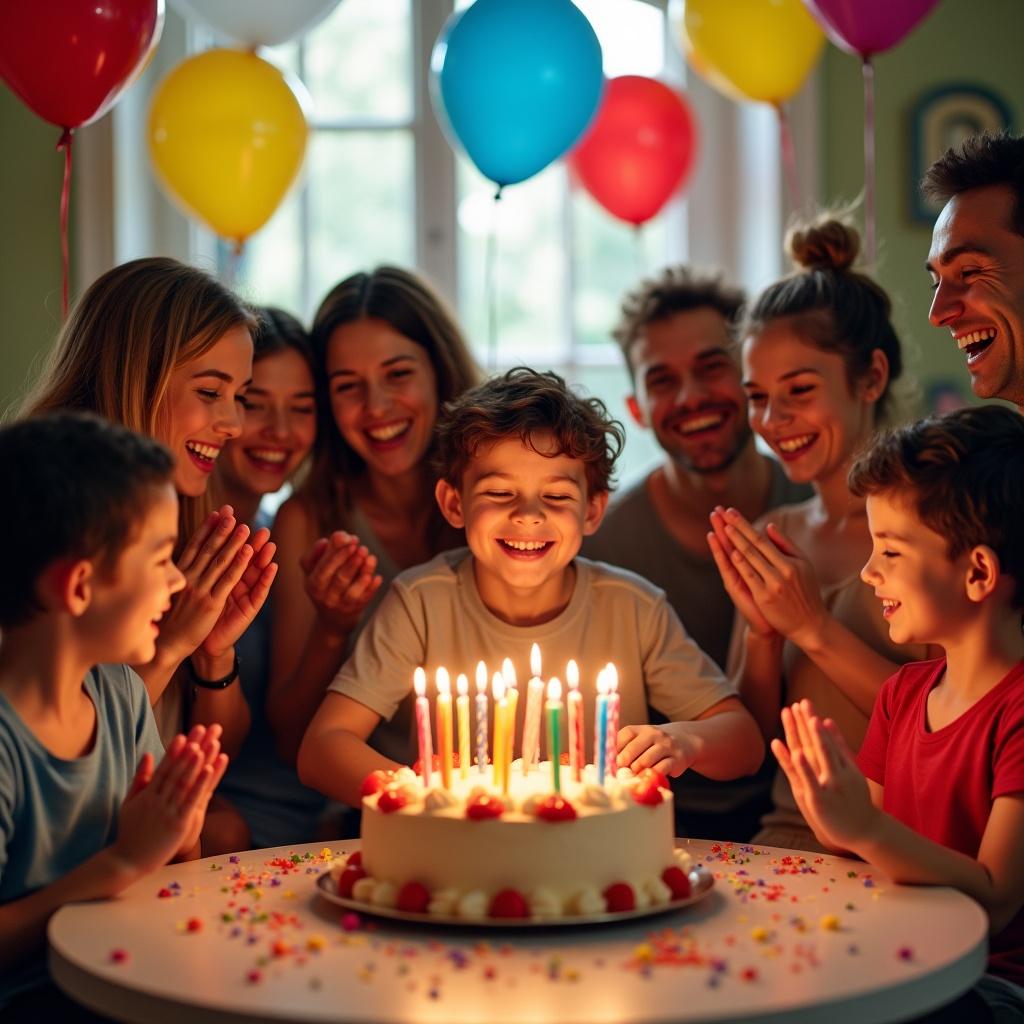 Children celebrate a birthday party, gathered around a birthday cake with candles. Balloons are present in the background. They express joy and excitement. The setting is festive with colorful decorations.