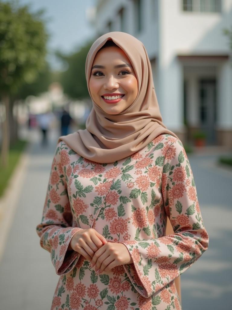 Woman wearing a floral baju kurung with a soft hijab. The scene shows a pathway in a lush environment.