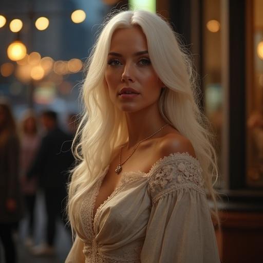 Portrait of a mature woman in her 30s to 40s with long white hair, elegant outfit, serene expression. Background soft and blurred. Semi-realistic style, warm tones, detailed digital art, classy atmosphere at night.