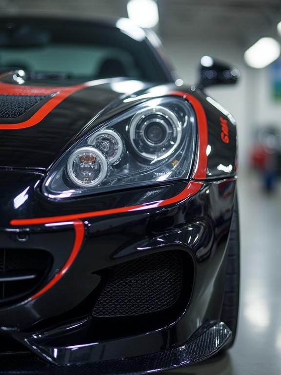 Image of a sleek high-performance car with glossy black and red details. Close-up of the front showing headlights and bumper. Detailed view highlighting features of the vehicle.