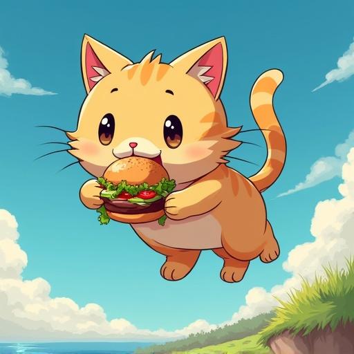 A cat with an orange and yellow striped pattern floats in the air enjoying a cheeseburger. The cat has large ears, a happy expression, and fluffy paws. Bright blue sky with clouds and green grass in the background.