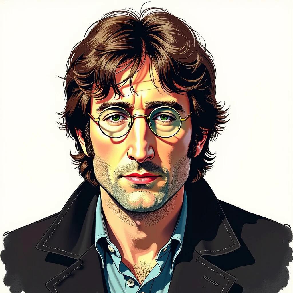 Illustration inspired by John Lennon. The character has long hair and wears a stylish coat. The background is plain. The overall style is reminiscent of Milo Manara's art.
