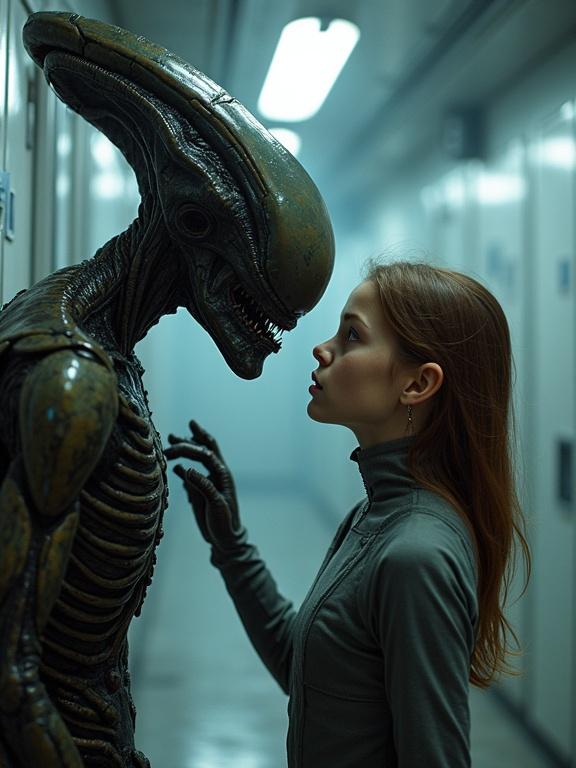 Alien and girl interact in a sci-fi corridor. Alien boops girl's helmet with tentacle. Girl shows raised eyebrow. Corridor features flickering lights and fog. Metal surfaces reflect light. Textured skin and armor details apparent.