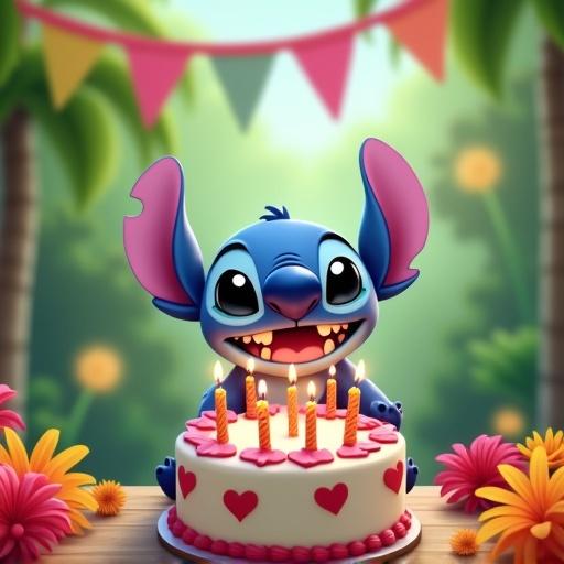 Happy Stitch character with a birthday cake featuring five lit candles. Scene set in a tropical park surrounded by flowers and a colorful flag banner.