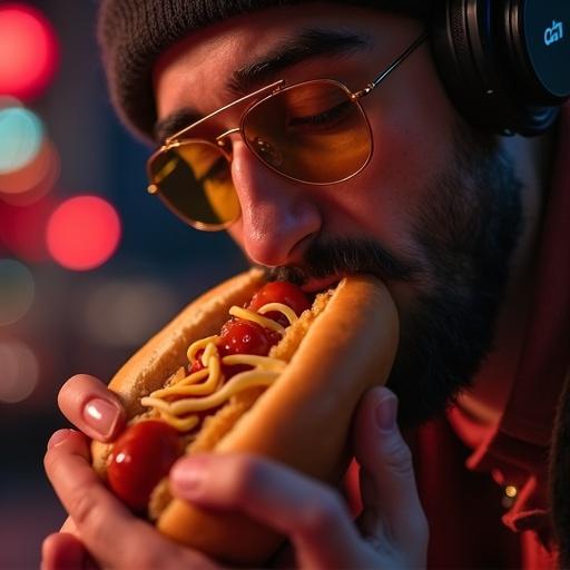 Close-up shot of a hip-hop DJ enjoying a hotdog. DJ wears headphones and sunglasses. Atmospheric background with neon lights.