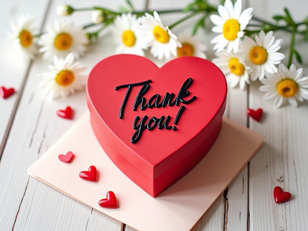 A beautiful red heart-shaped gift box is placed on a light wooden surface. The box is adorned with a black sign that reads "Thank you!" written in elegant lettering. Surrounding the box are delicate white daisies, adding a soft, romantic touch to the scene. Small, red decorative hearts are scattered around the box and a plain envelope lies nearby. The overall composition conveys warmth and gratitude, perfect for a heartfelt gift.