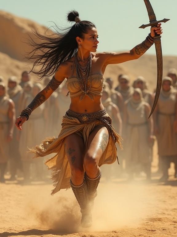 Fierce woman warrior in traditional attire wielding curved sword leaping in dusty arena surrounded by crowd of onlookers