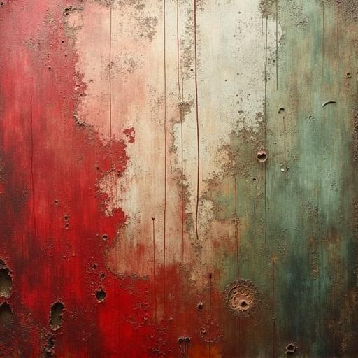 Peeling texture with colors such as crimson-red dirty-white dull-brown and green. The artwork features a distressed look with muted tones.