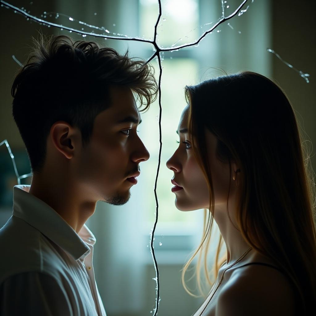 This image shows a young man and woman standing face-to-face. A cracked mirror separates them. This imagery symbolizes emotional and mental health challenges. Expressions reveal anxiety and sadness. Soft natural lighting enhances the atmosphere. The image is ultra-detailed with rich emotional undertones.