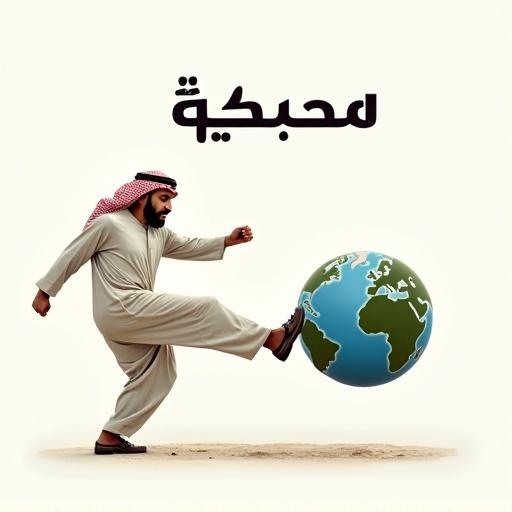 A Middle Eastern man in traditional dress kicks the Earth with his left foot. Strong, defiant expression. Arabic word 'طز' in bold calligraphy at the top. Simple background.
