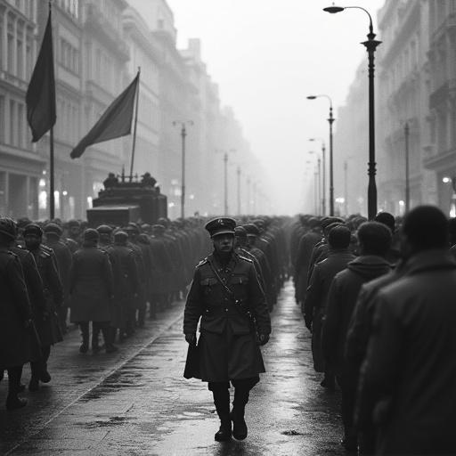 Photograph of the Galbadian Army's 63rd Division marching through Dahrlant. Black and white film style. Armored vehicles present. Citizens observing with worried expressions. Eerie, dim atmosphere with soft lighting.
