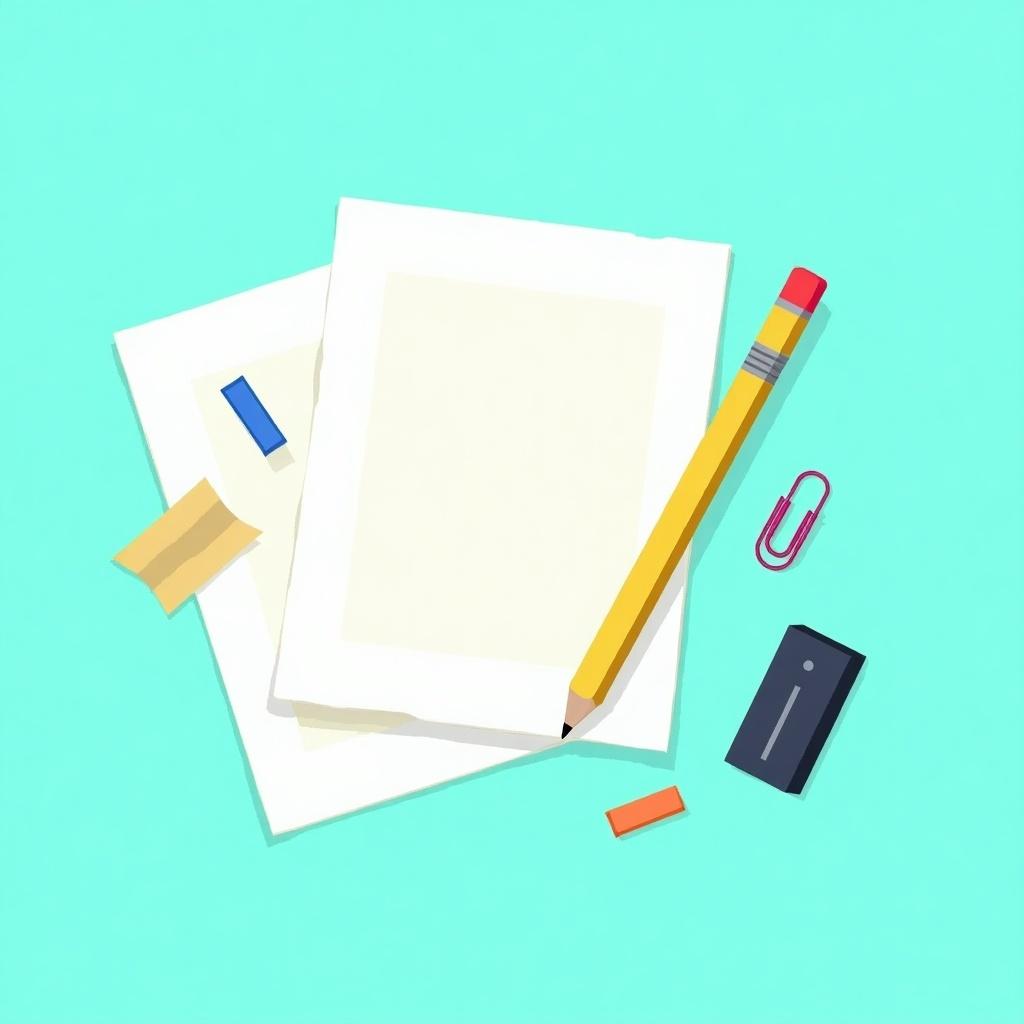 Stylized illustration featuring pencil, paper sheets, erasers, and a paperclip on turquoise background.