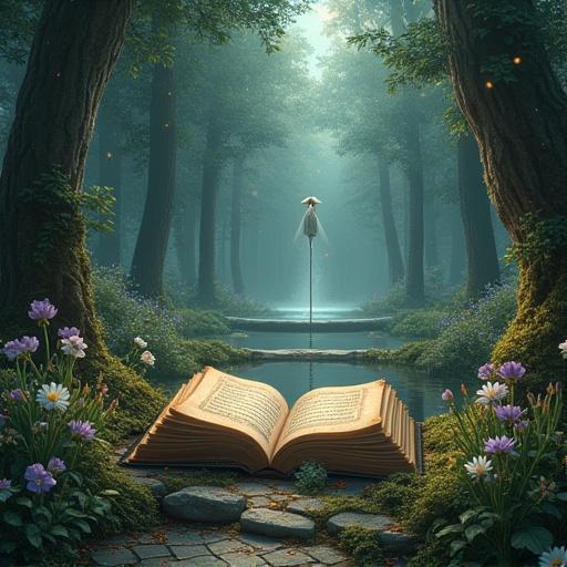 A magical and enchanting scene featuring an open antique book with dark leather covers embossed with gold details. The book lies at the lower center of a mystical forest, surrounded by vibrant flowers such as daisies and irises, with a backdrop of tall trees and luminous particles. The atmosphere is dreamlike with a clear center space suitable for integrating a character.