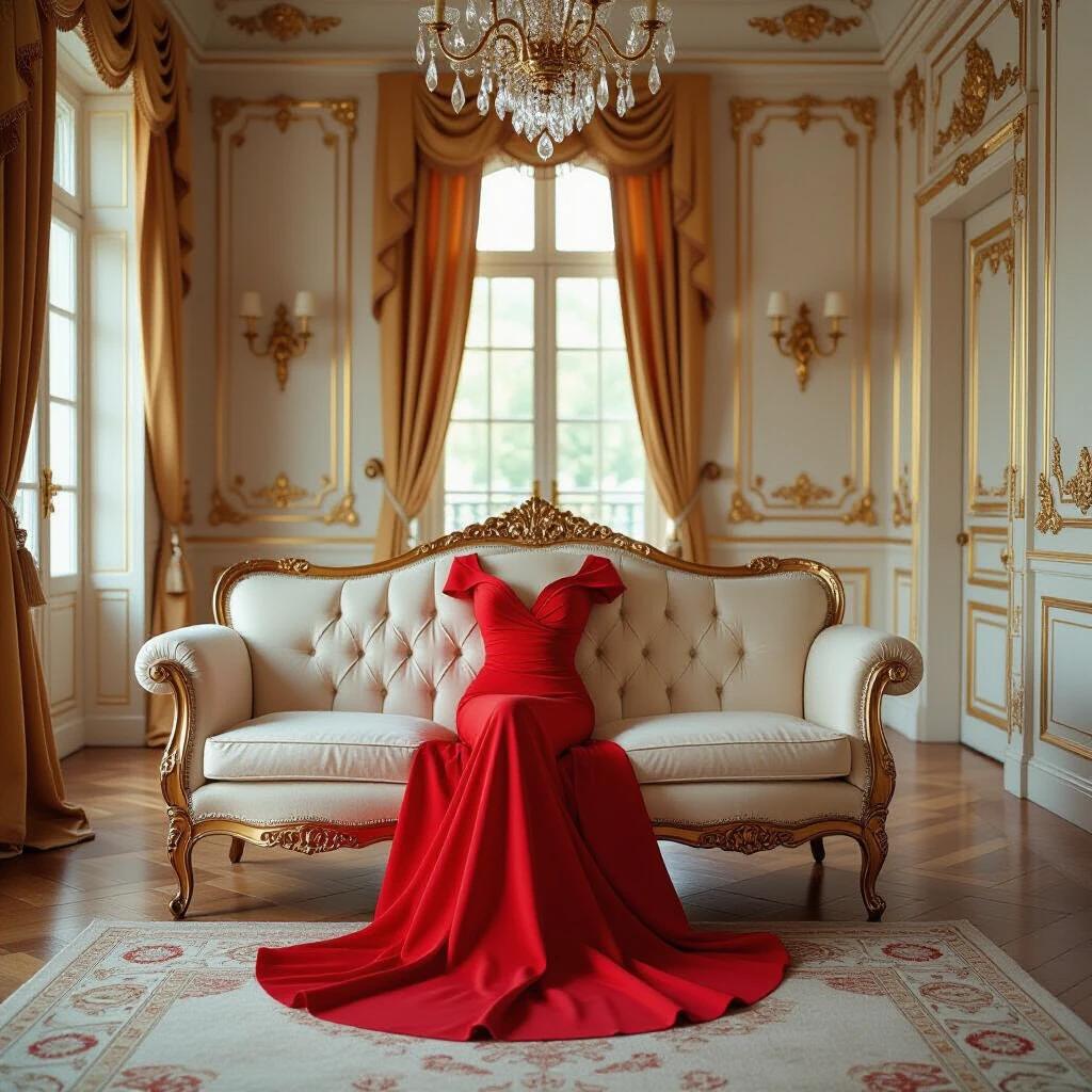 Luxurious Belle Époque room design. The room features elegant gold trim. A plush white sofa is centered in the space. A striking red dress is elegantly draped over the sofa, cascading to the floor.
