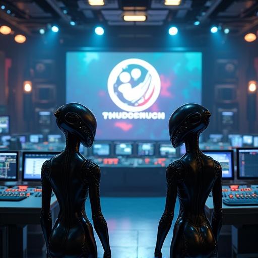 Two aliens stand in a futuristic control room watching a large screen showing the Eurovision Song Contest logo. Control panel filled with technology surrounds them. The atmosphere reflects science fiction elements.