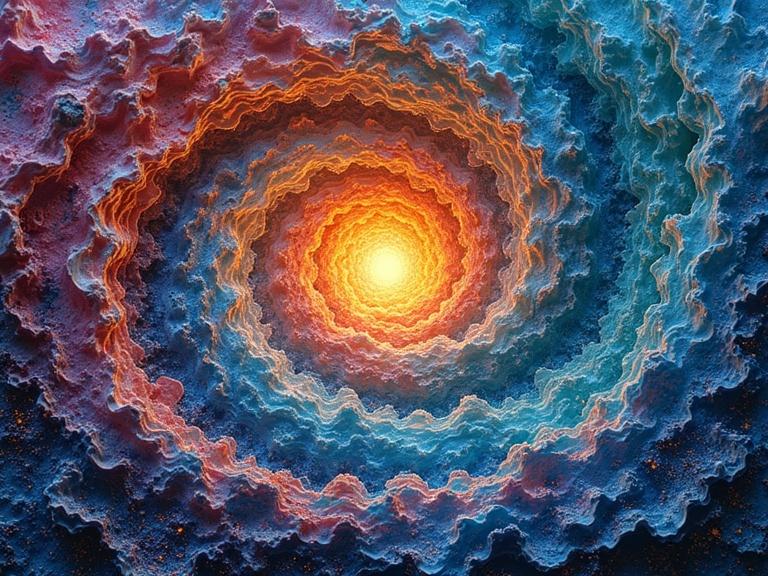Pointillist vortex collapse illustration with iridescent metallic colors. Features swirling colors and intricate details. Hyperdetailed composition reminiscent of landscape art.