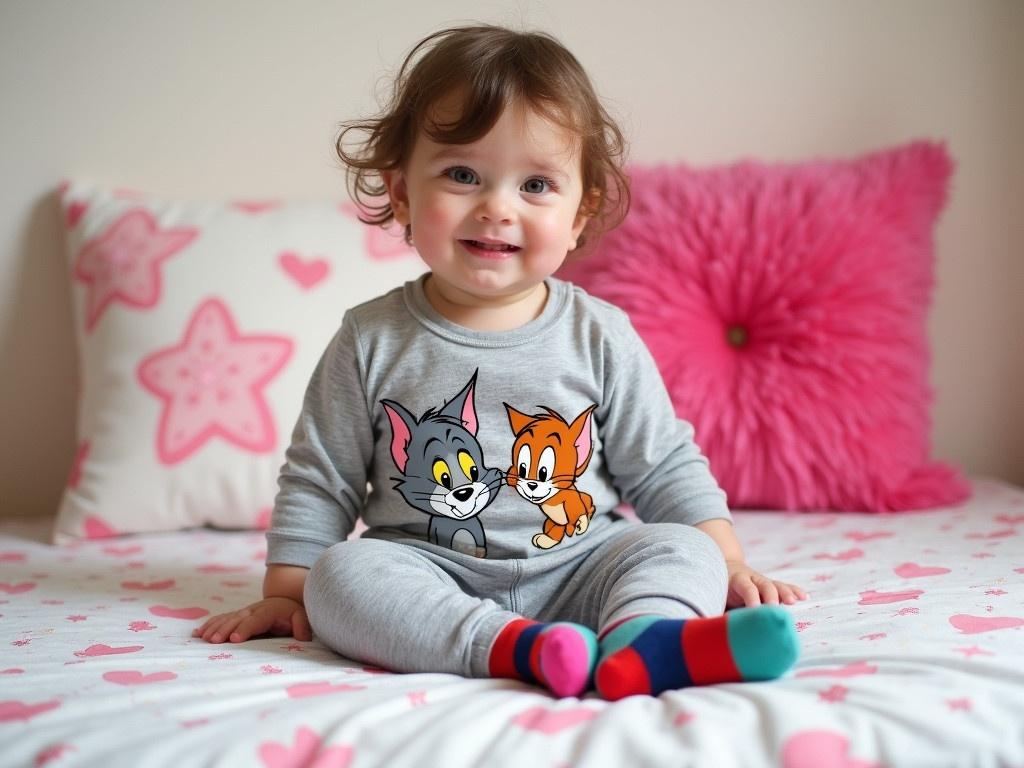 A young child is sitting on a patterned bedspread in a cozy room. The child is wearing a gray sleepsuit with cartoon characters Tom and Jerry imprinted on it. The child's legs are stretched out, and they are wearing colorful socks that have different shades of blue, red, and green. In the background, there are soft pillows with a pink design and a bright pink fluffy cushion. The setting gives a feeling of warmth and innocence, creating a cheerful atmosphere.