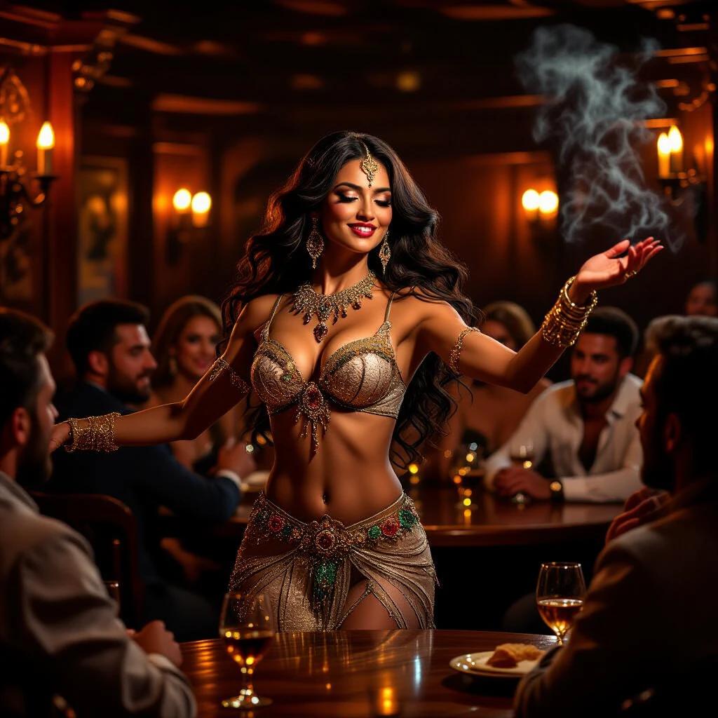 In an intimate tavern, a dancer captures attention with her shimmering attire. Her hair flows around her shoulders. She gestures gracefully as onlookers watch. Warm wooden tones and soft candlelight create an enchanting atmosphere. Smoke adds mystery to the scene, conveying passion and allure of a celebration.