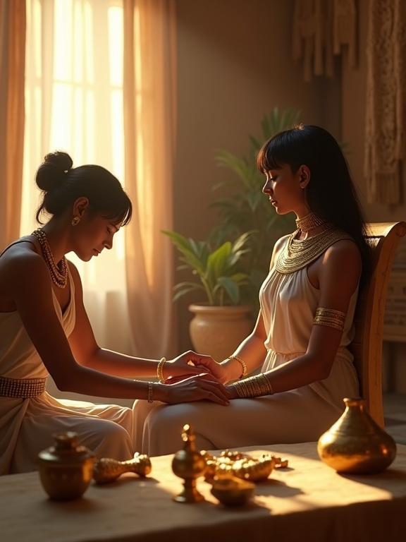 A screenshot from a VR game depicting an ancient Egyptian dressing room. Perspective shows arms and hands resting in lap. A servant kneels to the left sliding gold bangles onto the wrist. Another woman stands behind fastening a beaded necklace around the neck. The room is illuminated by warm sunlight through curtains. In the foreground, a table displays various gold trinkets and kohl pots.
