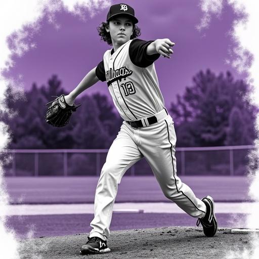 Airbrushed black and white baseball field in the background. Purple baseball diamond emphasized. Young teenage boy pitching. Team name Bulldogs displayed on jersey.