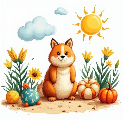 Drawing features a cartoon fox in a summer setting. Surrounding objects include colorful flowers, pumpkins, and decorative balls. Bright sun shines in the background. Cheerful and playful design.