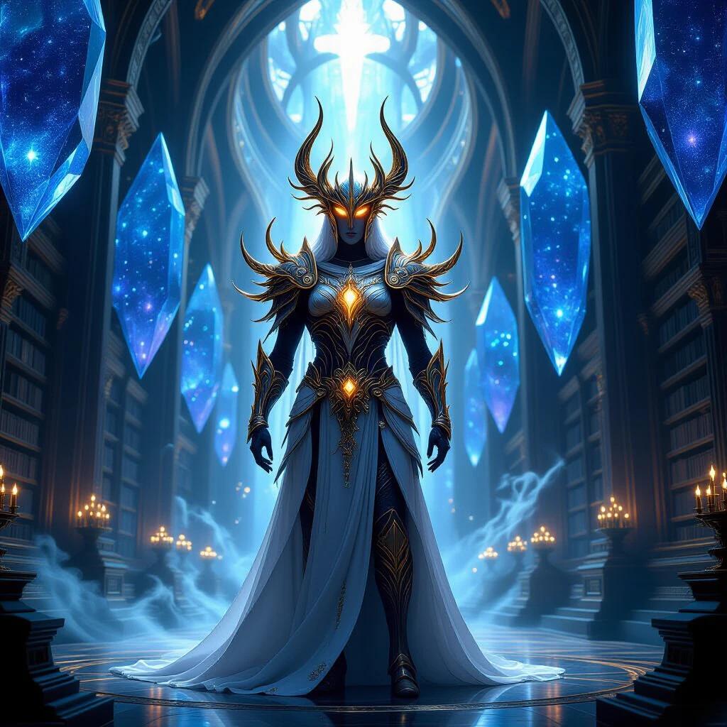 A majestic guardian stands in a glowing elven library. The guardian wears crystal armor and a horned helmet. The library features floating crystals and cascading light. The scene uses deep blues and purples with golden accents. Dramatic lighting emphasizes contrast and reflections. An epic fantasy atmosphere with intricate details in armor and crystals. Stunning visual effects with particles and depth of field. Photorealistic and cinematic quality achieved through advanced rendering.