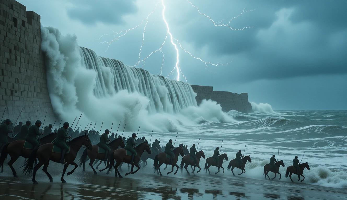 Waters of the sea collapse inward like a massive fold with heavy clouds in the sky. Lightning reflects on the water wall. View captured in slow motion. Egyptian soldiers retreat on horseback. Some horses rear up while others are struck by falling water. Faces show full panic. Action frozen at the peak of chaos.