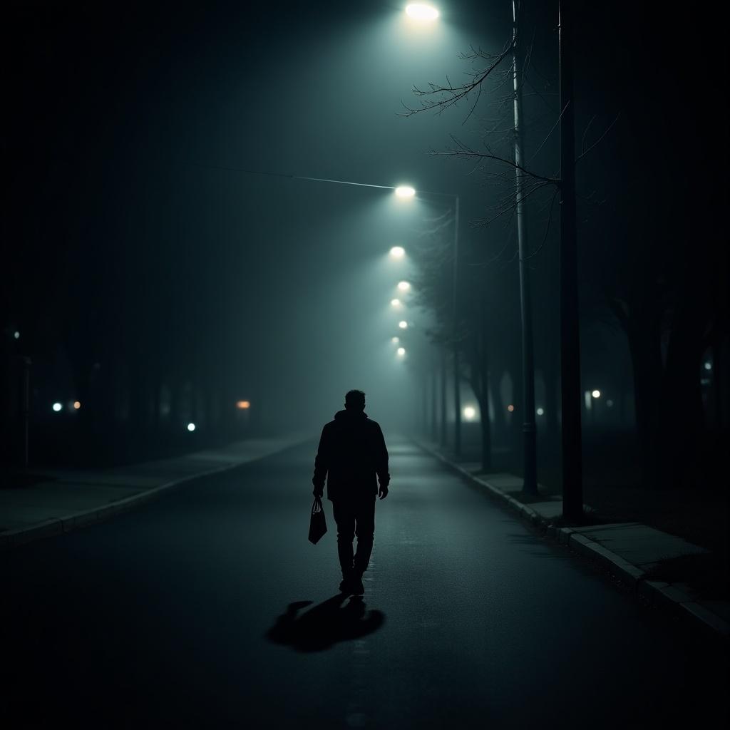 Outline of a man walking at night on a silent street. Soft lighting from streetlamps creates a mysterious ambiance. The scene appears clear with fog.