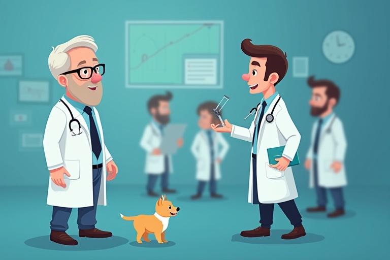 Two cartoon doctors in a laboratory talking to each other. A small dog is present. Background shows charts and a clock. The scene conveys a friendly and professional atmosphere.